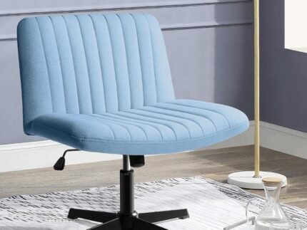 Criss Cross Chair,Armless Cross Legged Office Desk Chair No Wheels,Fabric Padded Modern Swivel Height Adjustable Mid Back Wide Seat Computer Task Vanity Chair for Home Office (Light Blue)